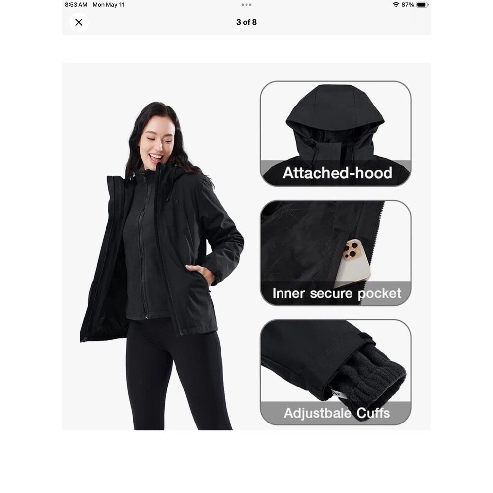 Camel Crown Womens 3 In 1 Jacket Black Waterproof Ski Fleece Winter Small S - Picture 4 of 10